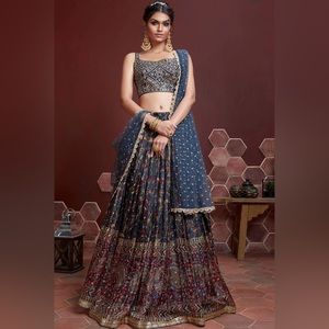 Blue Art Silk Lehenga With Embroidered Choli